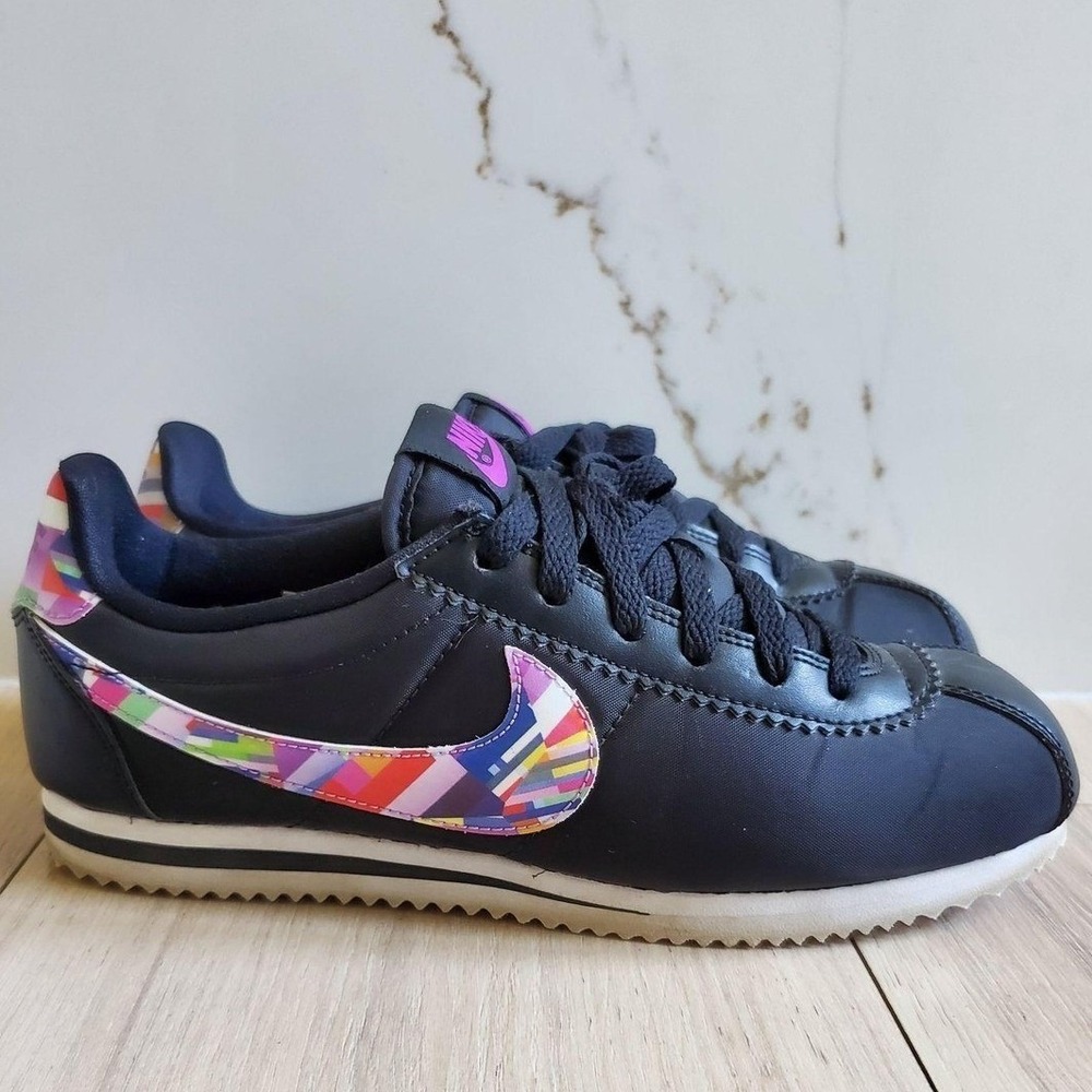 Nike Cortez Nylon Print GS 6Y Black Hyper Pink Swoosh Casual Sneakers 859564-001